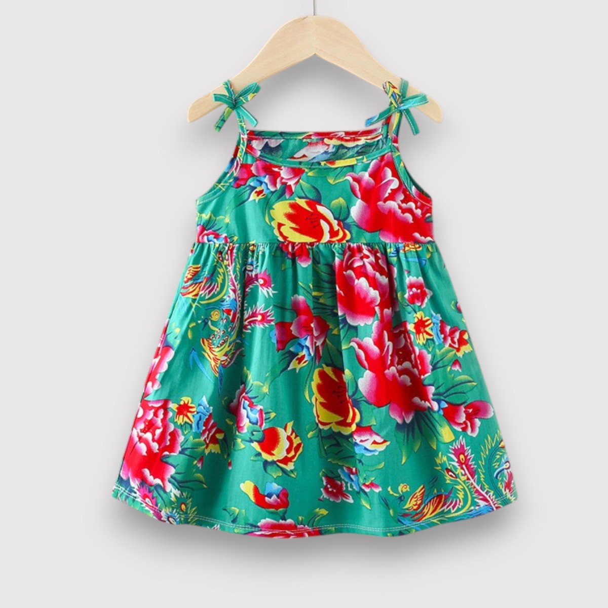 Girls Summer Frock-Green & Red